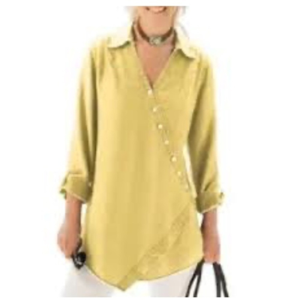 Soft Surroundings chambry yellow green asymmetrical button down tunic PL